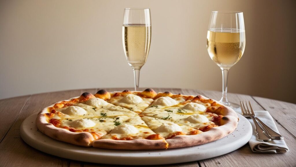 White garlic pizza with sparkling wine