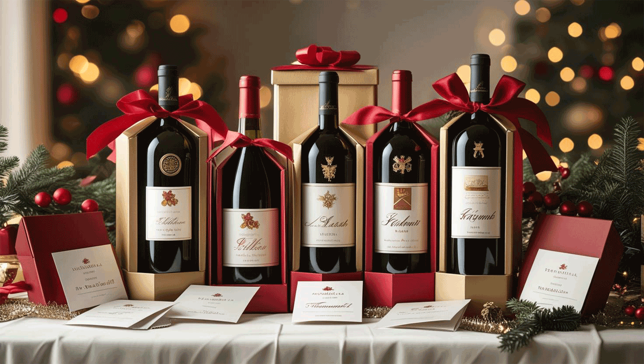 Holiday wine gifts for clients with ribbon, pine sprigs, and thank-you card