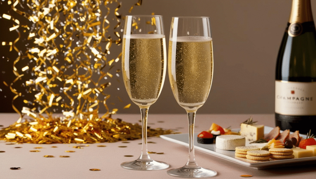 New Year’s Eve champagne toast with festive decorations and appetizers.