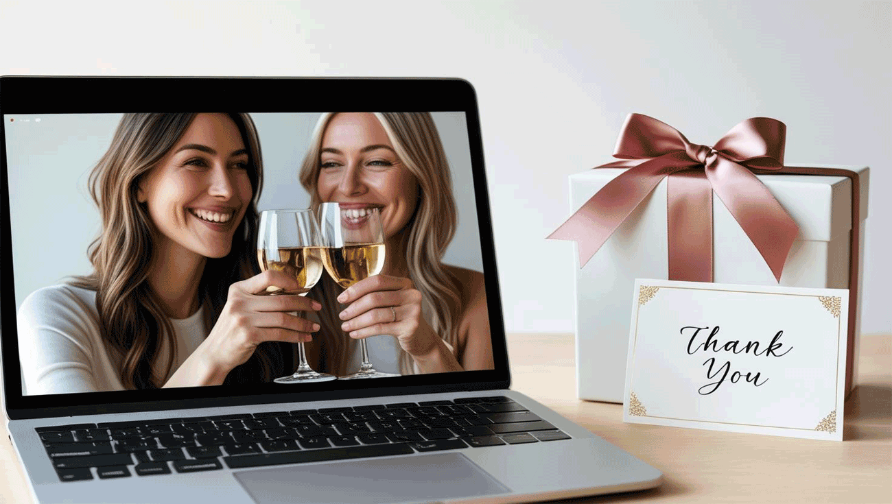 Virtual wine gift for remote employee appreciation with thank-you card and laptop