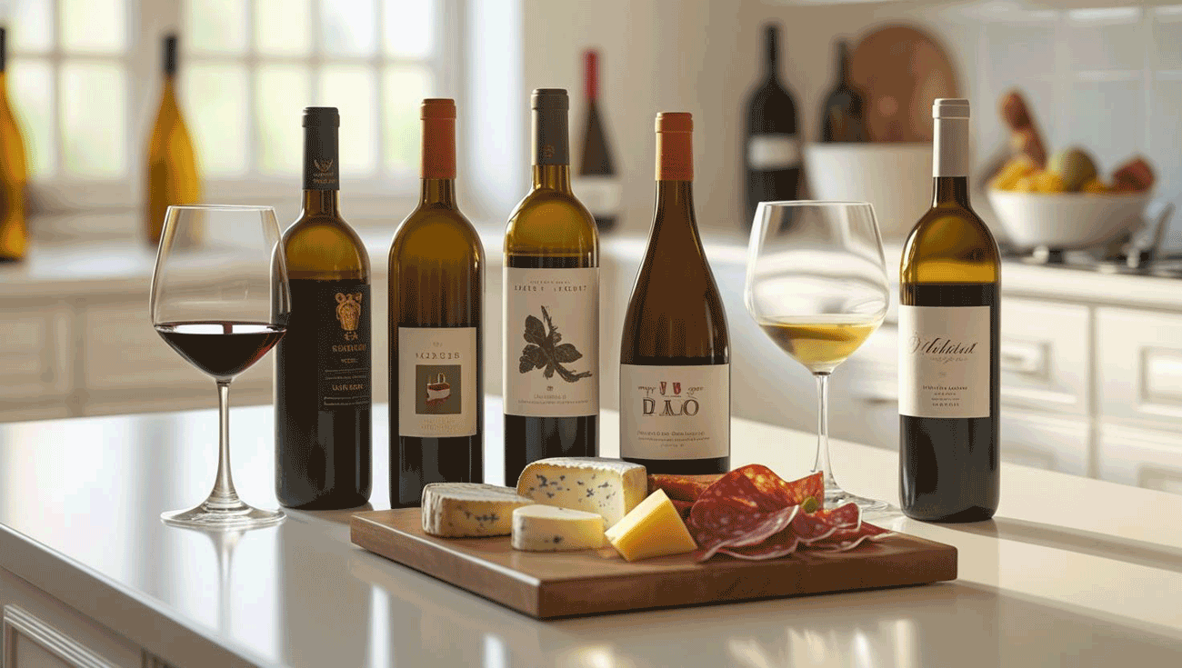 Affordable wine club bottles and glasses on a table with light snacks