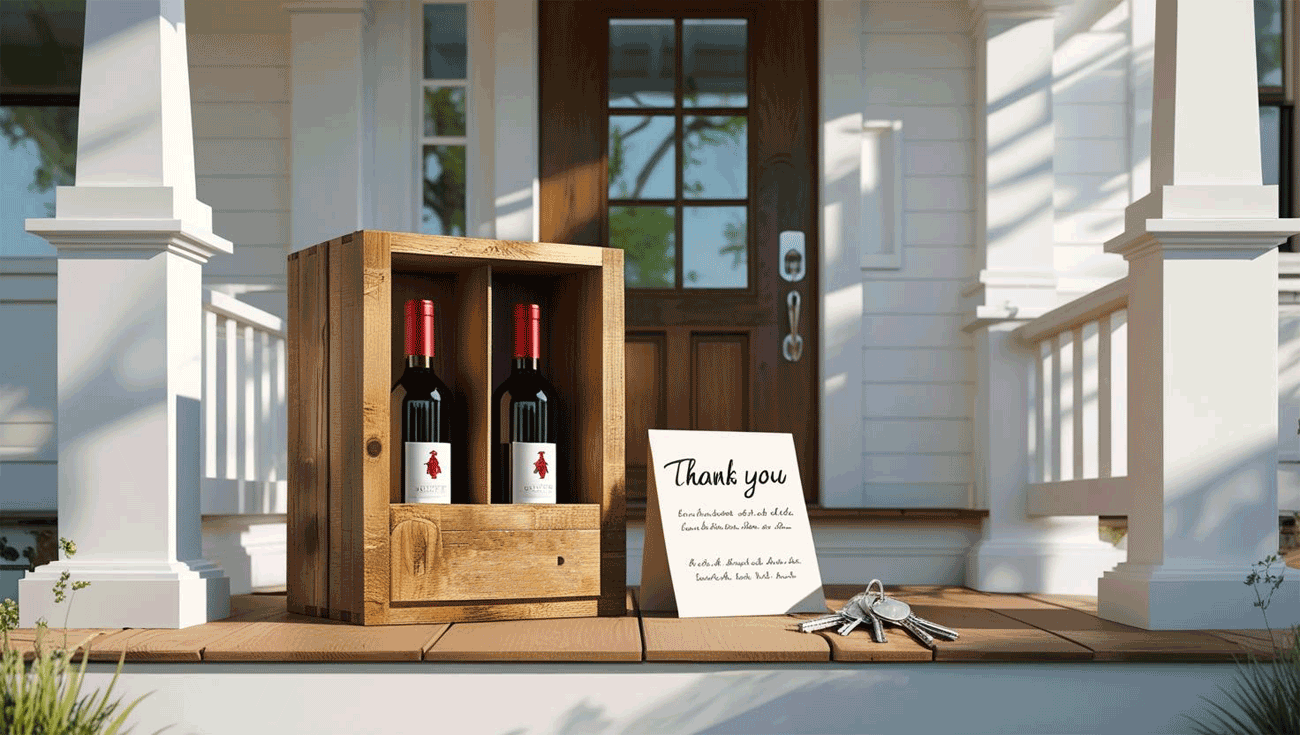 Wine gifts for real estate clients with ribbon, house keys, and new homeowner card