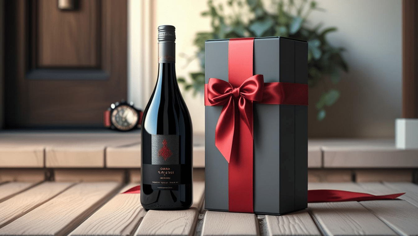 Wrapped wine bottle gift placed on doorstep for last-minute delivery