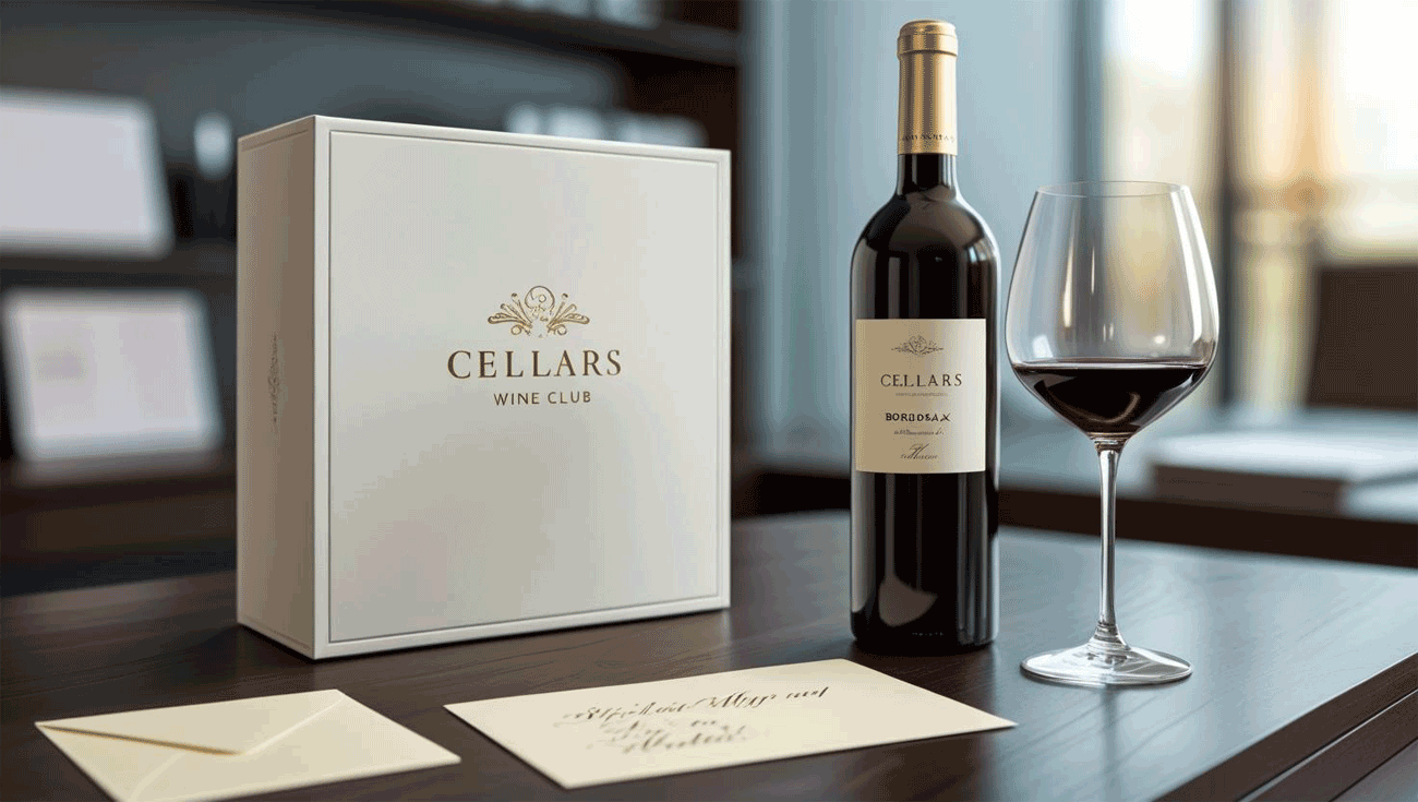 Creative wine club gift for professional client with branded packaging and thank-you card